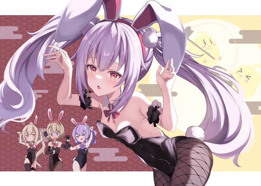 4girls :o acchii_(akina) animal_ears ayanami_(azur_lane) azur_lane bangs bare_legs black_gloves black_leotard black_pantyhose black_thighhighs blonde_hair bow bowtie breasts chibi chinese_zodiac commentary detached_collar egasumi elbow_gloves embarrassed fake_animal_ears fake_tail fishnet_pantyhose fishnets from_side gloves hairband highres javelin_(azur_lane) laffey_(azur_lane) leaning_forward leotard light_purple_hair long_hair looking_at_viewer manjuu_(azur_lane) medium_hair multiple_girls nengajou new_year pantyhose playboy_bunny ponytail purple_bow purple_bowtie purple_hair rabbit_ears rabbit_tail red_bow red_bowtie red_eyes short_hair sidelocks single_thighhigh small_breasts tail thigh_strap thighhighs twintails very_long_hair wrist_cuffs year_of_the_rabbit z23_(azur_lane)