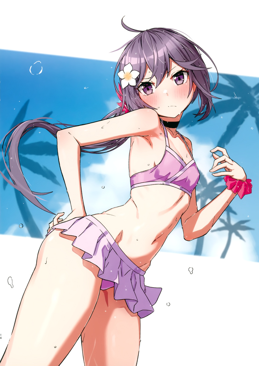 1girl absurdres akebono_(kancolle) bangs bare_arms bikini bikini_skirt blush breasts closed_mouth flower hair_flower hair_ornament hand_on_hip hand_up highres kantai_collection long_hair low_ponytail navel palm_leaf palm_tree purple_eyes purple_hair scrunchie shiny shiny_hair shiny_skin simple_background skirt small_breasts solo stomach swimsuit takanashi_kei_(hitsujikan) thighs tree wrist_scrunchie