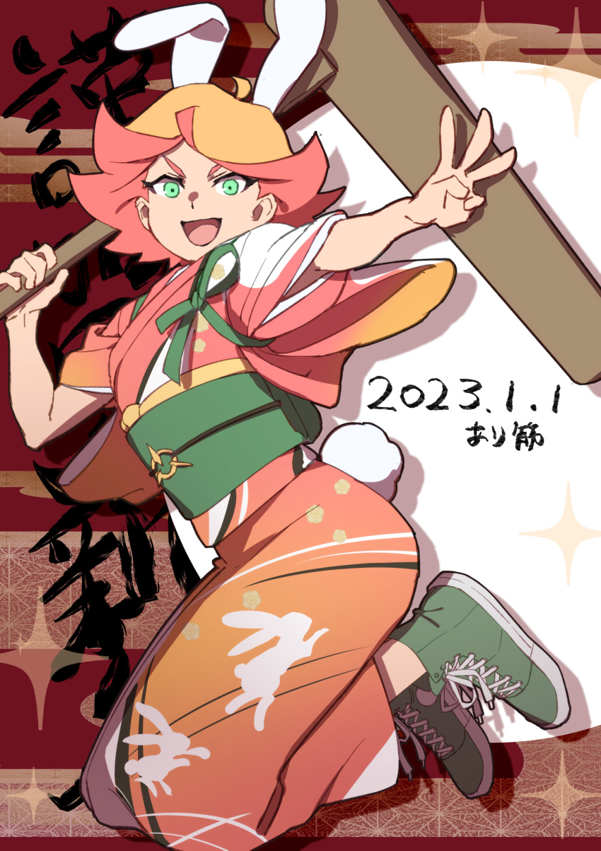 1girl 2023 amanda_o'neill animal_ears arikindows10 green_eyes happy_new_year highres holding japanese_clothes kimono kine little_witch_academia long_sleeves looking_at_viewer mallet midair open_mouth orange_hair rabbit_ears rabbit_tail red_hair shoes short_hair sneakers solo tail wide_sleeves