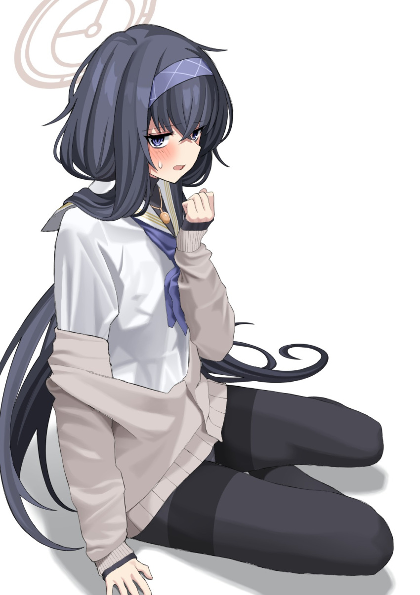 1girl black_hair black_pantyhose blue_archive blue_eyes blue_hairband blue_neckerchief blush cardigan grey_cardigan hairband halo highres jewelry long_hair long_sleeves looking_at_viewer low_twintails neckerchief necklace pantyhose ryoutarou sailor_collar school_uniform shirt simple_background sitting twintails ui_(blue_archive) white_background white_sailor_collar white_shirt