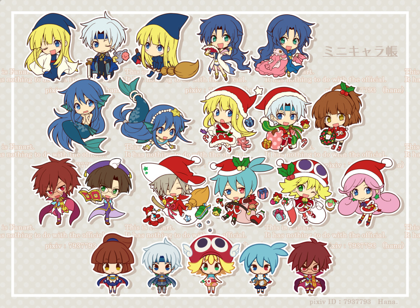 akuma_(puyopuyo) amitie_(puyopuyo) arle_nadja blonde_hair blue_eyes blue_hair book brown_hair chibi christmas_ornaments christmas_present christmas_stocking donguri_gaeru_(puyopuyo) gift green_eyes hana_(mew) hat klug_(puyopuyo) lemres_(puyopuyo) multiple_girls pink_hair puyopuyo raffina_(puyopuyo) red_eyes rulue_(puyopuyo) santa_costume santa_hat schezo_wegey serilly_(puyopuyo) sig_(puyopuyo) strange_klug white_hair witch_(puyopuyo) yellow_eyes