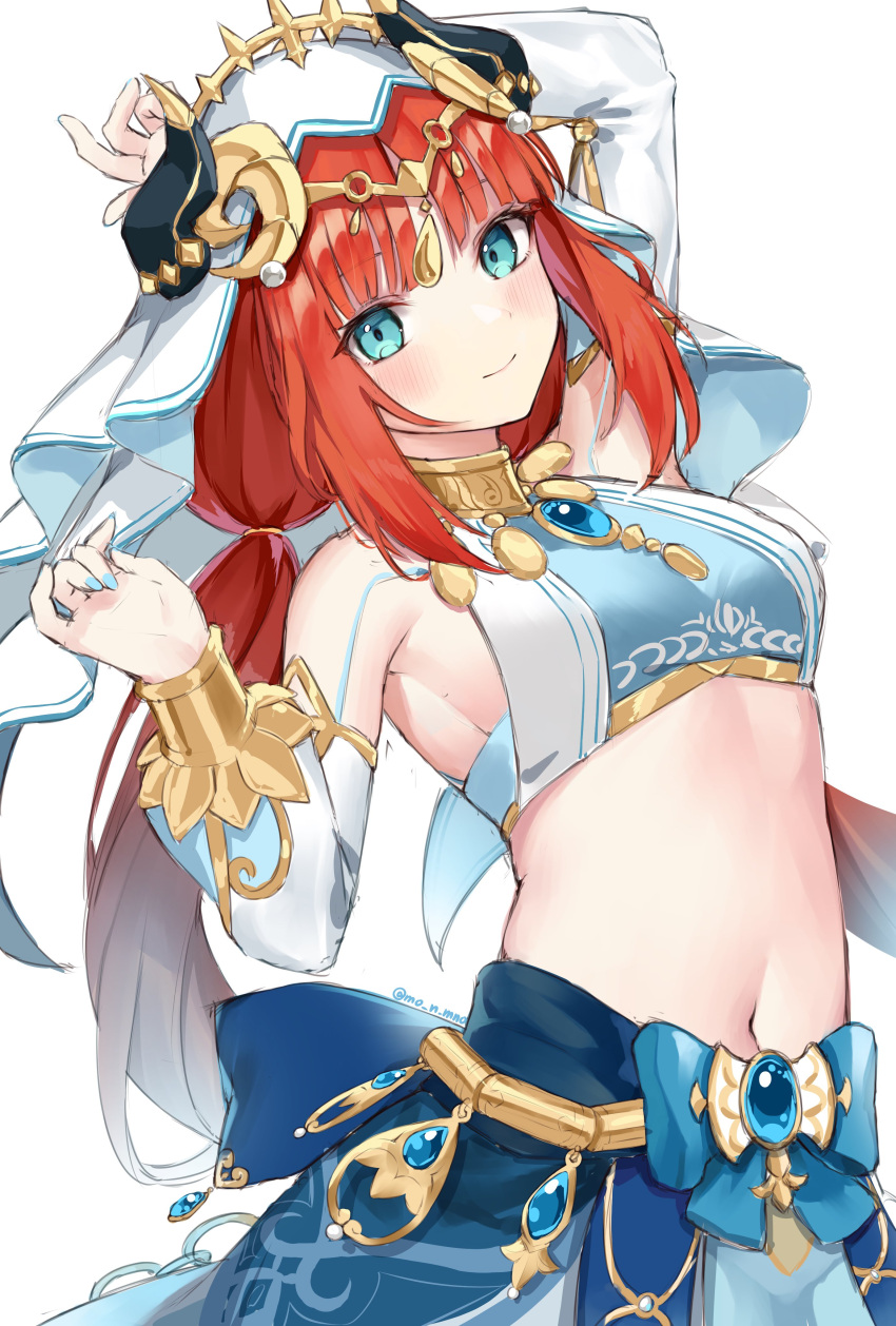 1girl absurdres aqua_eyes arm_behind_head arm_up bangs blue_bow blue_gemstone blue_nails blue_skirt blush bow bracer breasts brooch circlet closed_mouth crop_top detached_sleeves fake_horns gem genshin_impact hand_up harem_outfit highres horns jewelry long_hair long_sleeves looking_at_viewer low_twintails mono_(mo_n_mno) nail_polish navel neck_ring nilou_(genshin_impact) parted_bangs puffy_long_sleeves puffy_sleeves red_hair sidelocks skirt small_breasts smile solo stomach twintails twitter_username veil white_background white_headwear