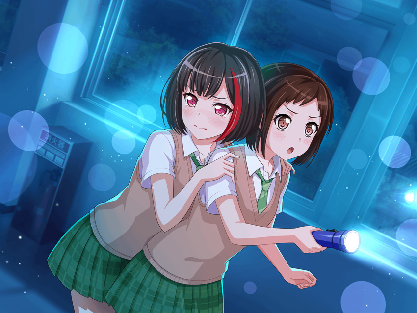2girls :o artist_request bang_dream! bangs black_hair blue_background blush brown_eyes brown_hair brown_sweater_vest brown_vest closed_mouth collarbone collared_shirt commentary diagonal-striped_necktie dutch_angle fire_extinguisher flashlight green_necktie green_skirt hallway hand_on_another's_arm hazawa_tsugumi holding holding_flashlight indoors looking_away loose_necktie mitake_ran multicolored_hair multiple_girls necktie night official_art open_collar open_mouth plaid plaid_skirt pleated_skirt purple_eyes red_hair scared school school_uniform shirt short_hair short_sleeves skirt streaked_hair sweater_vest translated two-tone_hair vest wavy_mouth white_shirt white_skirt window