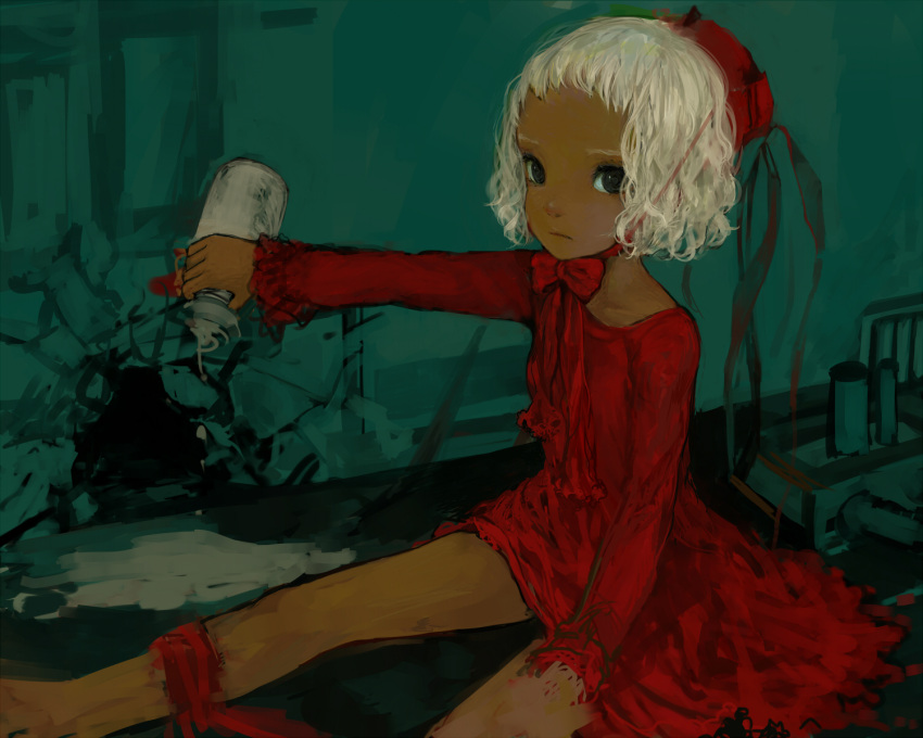 1girl baby_bottle black_eyes bottle commentary_request dark-skinned_female dark_skin dohi dress frown green_background hat highres hole_in_wall long_sleeves looking_at_viewer original pouring red_dress red_ribbon ribbon short_hair solo traditional_media white_hair