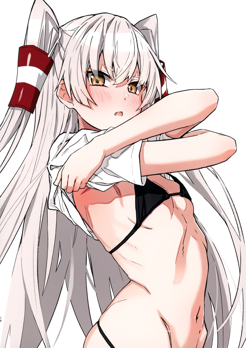 1girl absurdres amatsukaze_(kancolle) bangs bikini bikini_under_clothes blush breasts brown_eyes hair_ornament hair_tubes highres holding kantai_collection lifted_by_self long_hair looking_at_viewer navel ribs scan shiny shiny_hair shirt simple_background small_breasts solo stomach swimsuit t-shirt takanashi_kei_(hitsujikan) twintails upper_body white_background white_hair