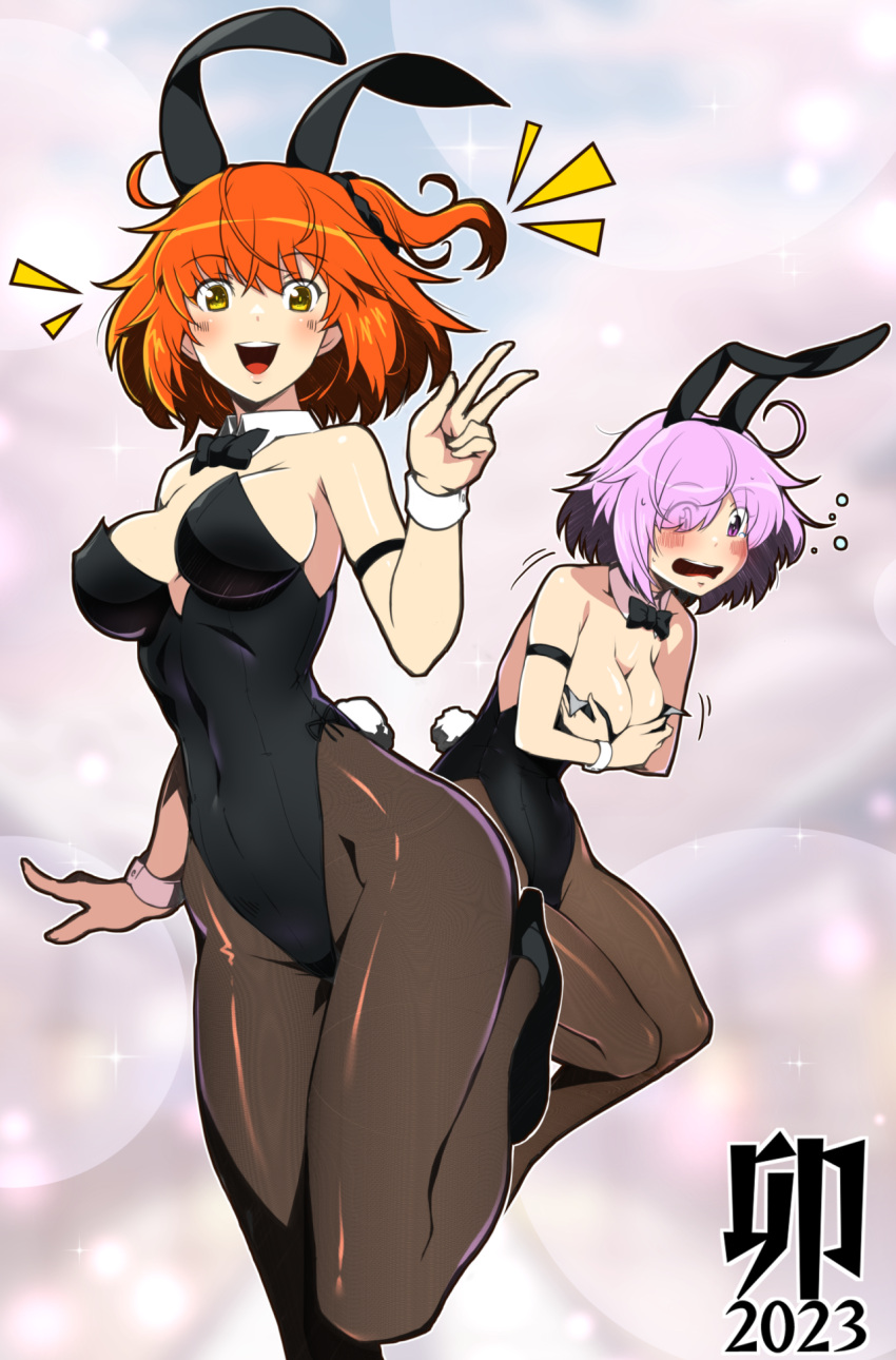 2girls ahoge animal_ears blush bow bowtie breasts cleavage covering covering_breasts detached_collar fate/grand_order fate_(series) fujimaru_ritsuka_(female) hair_over_one_eye highres leg_up mash_kyrielight multiple_girls orange_eyes orange_hair pantyhose playboy_bunny purple_eyes purple_hair rabbit_ears taru_neko v wrist_cuffs