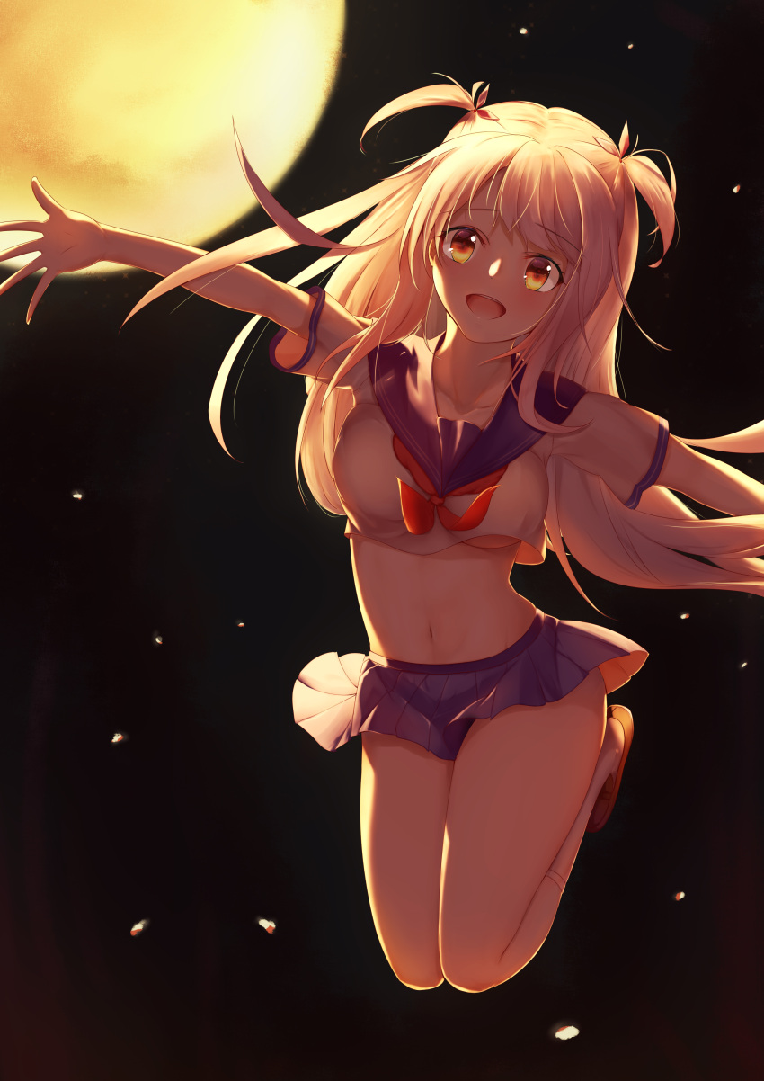 1girl absurdres bangs blonde_hair blue_sailor_collar blush breasts brown_footwear changchun_(warship_girls_r) commentary_request cropped_shirt full_body full_moon highres loafers long_hair looking_at_viewer medium_breasts miniskirt moon navel neckerchief night open_mouth outstretched_arms pleated_skirt qaq_baiguang ribbon sailor_collar school_uniform serafuku shirt shoes short_twintails skirt smile socks solo spread_arms twintails underboob warship_girls_r yellow_eyes