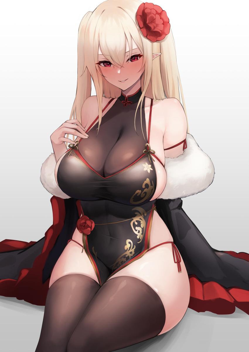 1girl absurdres avatar_(pso2) bangs bare_shoulders black_dress blonde_hair blush breasts brown_thighhighs china_dress chinese_clothes cleavage collarbone commission dress flower fur_trim hair_flower hair_ornament highres large_breasts long_hair long_sleeves looking_at_viewer numako_(pizza_kanon) off_shoulder original pelvic_curtain phantasy_star phantasy_star_online_2 pointy_ears red_eyes sideboob sitting skeb_commission skindentation smile solo suzuya_(maru) thighhighs thighs