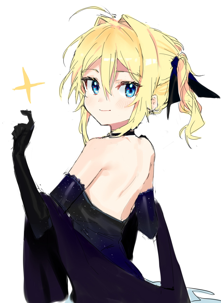 1girl absurdres ahoge backless_dress backless_outfit bangs black_gloves black_ribbon blonde_hair blue_eyes blush dress elbow_gloves gloves hair_between_eyes hair_intakes hair_ribbon highres indie_virtual_youtuber long_hair looking_at_viewer looking_back pinch_(nesume) ribbon simple_background solo sparkle twintails virtual_youtuber white_background yamada_sora