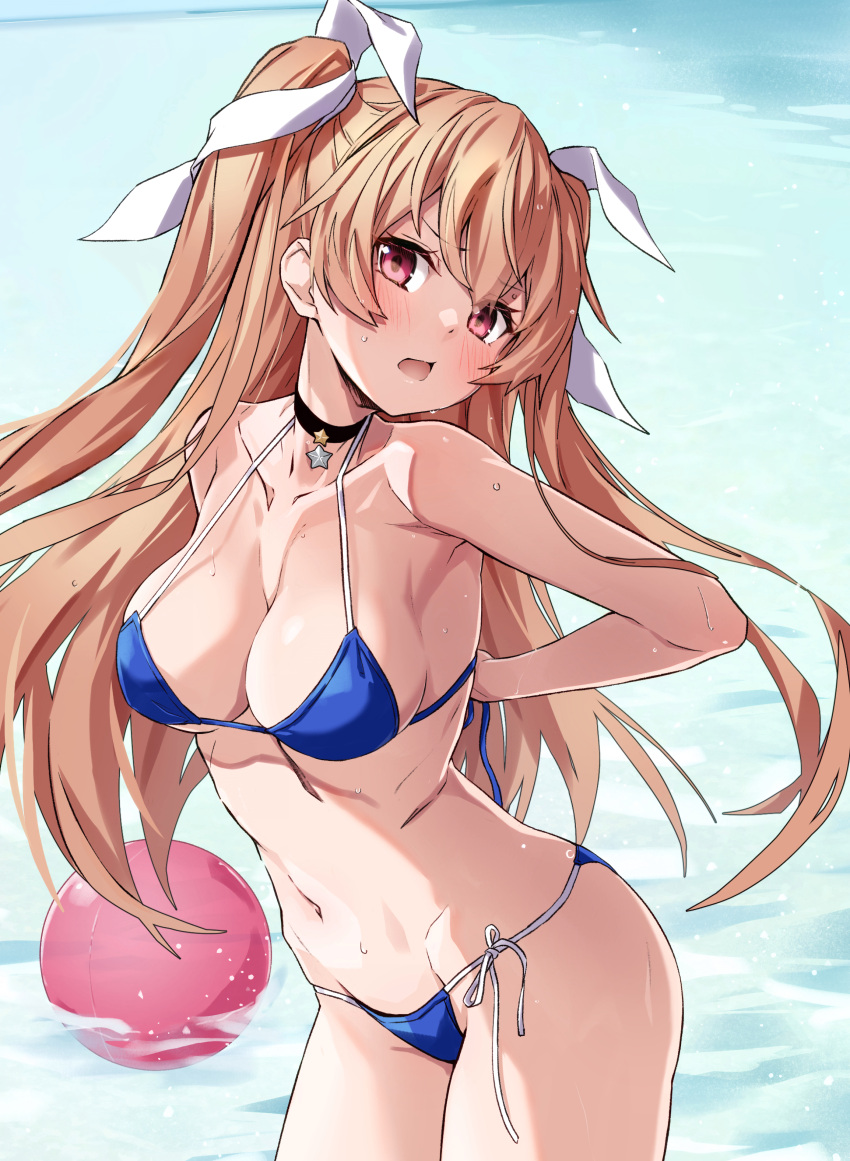 1girl absurdres adjusting_clothes adjusting_swimsuit arms_behind_back ball bangs bare_shoulders beachball bikini black_choker blue_bikini blush breasts choker cleavage highres johnston_(kancolle) kantai_collection light_brown_hair long_hair looking_at_viewer medium_breasts navel open_mouth pink_eyes scan shiny shiny_hair shiny_skin side-tie_bikini_bottom simple_background solo star_(symbol) stomach swimsuit takanashi_kei_(hitsujikan) thighs water water_drop wet