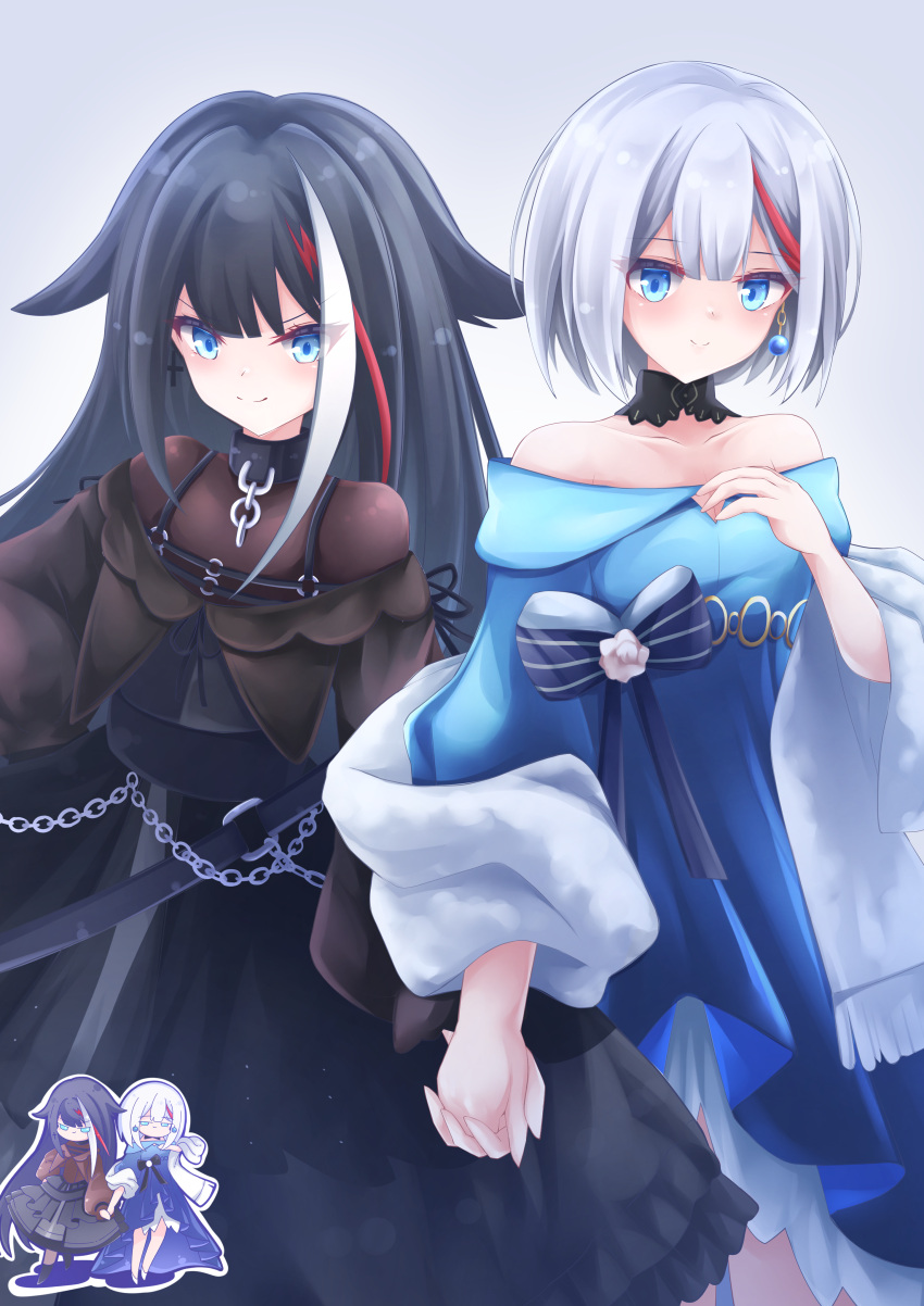 2girls absurdres admiral_graf_spee_(azur_lane) azur_lane black_bow black_choker black_collar black_dress black_hair blue_dress blue_eyes bow chain choker collar deutschland_(azur_lane) dress earrings grey_hair highres holding_hands jewelry long_hair multicolored_hair multiple_girls osatou_(soul_of_sugar) shawl streaked_hair