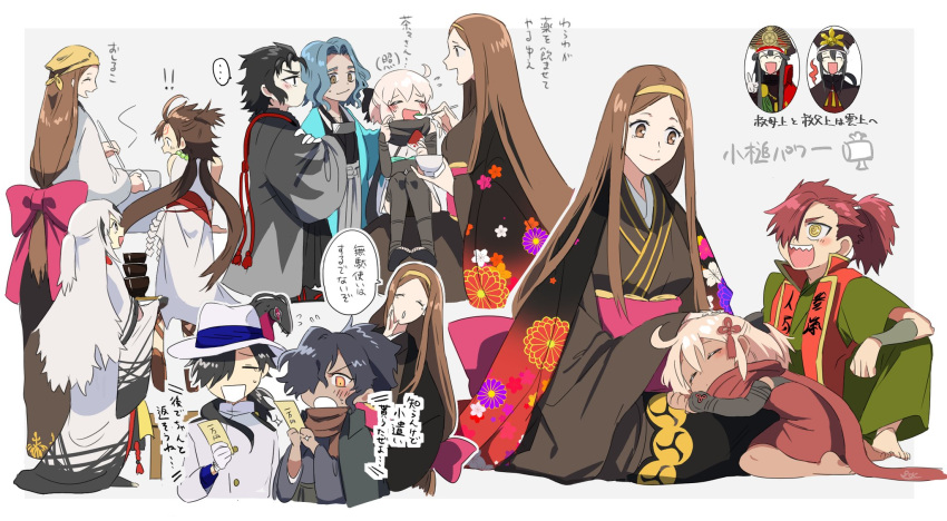 6+boys 6+girls :d :o ^_^ ^o^ aged_down ahoge animal_on_shoulder animalization arm_guards bangs black_bow black_cape black_hair black_hakama black_headwear black_jacket black_kimono black_scarf black_thighhighs blonde_hair blood blue_hair blue_jacket blush border bow bowl bowl_stack brown_eyes brown_hair brown_scarf cape chacha_(fate) child closed_eyes cooking cooking_pot cropped_torso crossed_arms dragon eastern_dragon fate/grand_order fate_(series) fedora feeding floral_print flying_sweatdrops from_behind full_body gloves green_kimono grey_background grey_hakama hair_between_eyes hair_bow hair_ornament hair_over_one_eye hair_slicked_back hairband hakama half_updo haori hat head_scarf highres hijikata_toshizou_(fate) himiko_(fate) holding holding_bowl holding_spoon holding_tray jacket japanese_clothes kikumon kimono lap_pillow long_hair looking_at_another low-tied_long_hair low_ponytail low_twintails mori_nagayoshi_(fate) multicolored_hair multiple_boys multiple_girls multiple_views nagao_kagetora_(fate) not_present oda_nobukatsu_(fate) oda_nobunaga_(fate) oda_nobunaga_(koha-ace) oda_uri okada_izou_(fate) okita_souji_(fate) okita_souji_(koha-ace) okita_souji_alter_(fate) open_mouth oryou_(fate) outside_border parted_bangs pink_bow pink_hair pirohi_(pirohi214) ponytail profile red_hair red_kimono red_scarf ringed_eyes saitou_hajime_(fate) sakamoto_ryouma_(fate) sandals scarf seiza sharp_teeth short_hair short_kimono simple_background sitting sitting_on_lap sitting_on_person sleeveless sleeveless_kimono smile spoon standing streaked_hair sweatdrop tassel tassel_hair_ornament tearing_up teeth thighhighs tray twintails upper_teeth_only wavy_hair white_border white_gloves white_hair white_headwear white_jacket white_kimono yellow_eyes yellow_hairband