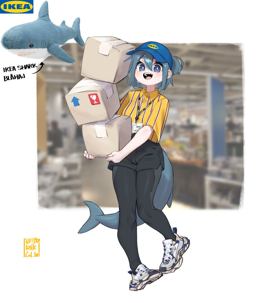 1girl absurdres bangs black_pantyhose black_shorts blue_eyes blue_footwear blue_hair blue_headwear blurry blurry_background blush box bright_pupils cardboard_box carrying collared_shirt commentary dot_nose english_commentary english_text fish_tail full_body hair_between_eyes highres holding holding_box id_card ikea ikea_shark indoors knifecat lanyard looking_at_viewer medium_hair mixed-language_commentary multicolored_footwear one_side_up open_mouth original pantyhose pantyhose_under_shorts photo_background photo_inset polo_shirt shark_girl shark_tail sharp_teeth shirt shoes short_sleeves shorts sidelocks signature smile sneakers solo standing striped striped_shirt stuffed_animal stuffed_shark stuffed_toy sweat swedish_commentary swedish_text tail teeth thick_eyebrows vertical_stripes visor_cap white_background white_footwear white_pupils yellow_shirt