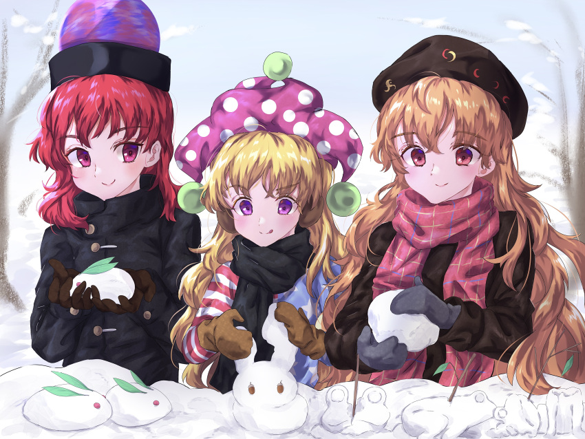 3girls :q absurdres adapted_costume bangs beanie black_dress black_headwear blonde_hair blue_background clownpiece coat dress food gloves hat hecatia_lapislazuli highres holding holding_food jester_cap junko_(touhou) long_hair long_sleeves looking_at_another multiple_girls neck_ruff neold outdoors pink_scarf plaid plaid_scarf polka_dot pom_pom_(clothes) purple_eyes purple_headwear red_eyes red_hair red_scarf scarf smile snow snow_bunny star_(symbol) star_print striped tongue tongue_out touhou upper_body winter_clothes