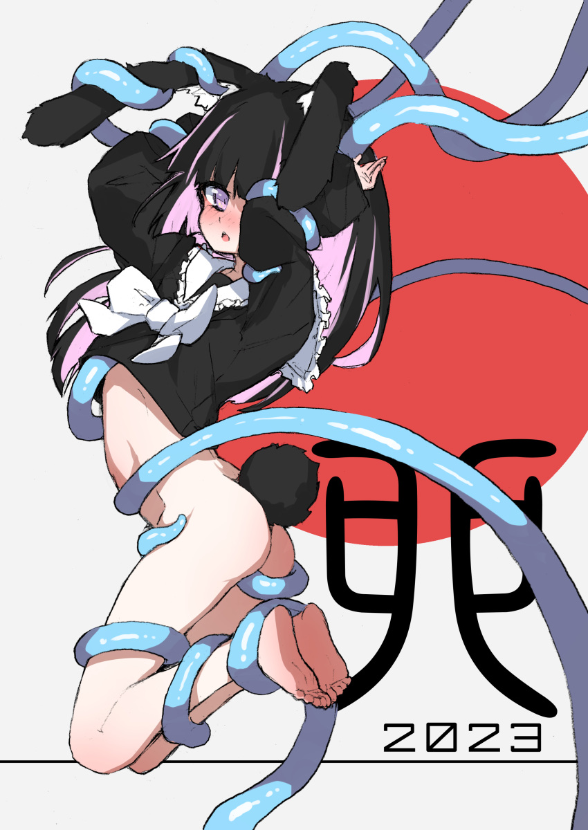 1girl 2023 absurdres animal_ears barefoot black_hair black_shirt blush bottomless bow bowtie bunny_pose colored_inner_hair fukutchi highres looking_at_viewer multicolored_hair nengajou new_year one_eye_covered open_mouth original pink_hair purple_eyes rabbit_ears rabbit_girl rabbit_tail school_uniform serafuku shirt soles solo tail tentacle_sex tentacles tentacles_under_clothes two-tone_hair white_bow white_bowtie