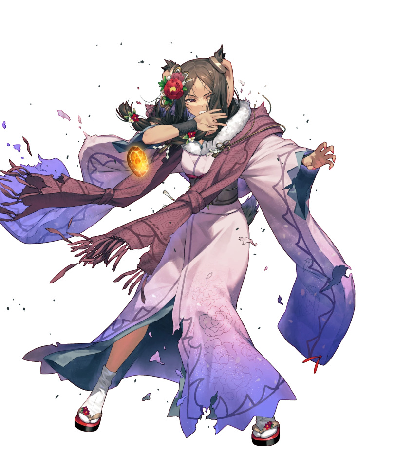 1girl animal_ears bangs braid breasts brown_hair cozy dark-skinned_female dark_skin facial_mark fire_emblem fire_emblem_awakening fire_emblem_heroes floating floating_object floral_print flower full_body fur_trim gradient gradient_clothes hand_up highres japanese_clothes kimono long_hair long_sleeves looking_away medium_breasts non-web_source obi official_art one_eye_closed panne_(fire_emblem) panne_(new_year)_(fire_emblem) parted_lips rabbit_ears rabbit_tail red_eyes sandals sash shiny shiny_hair solo stone tabi tail torn_clothes transparent_background turtleneck twin_braids twintails wide_sleeves zouri