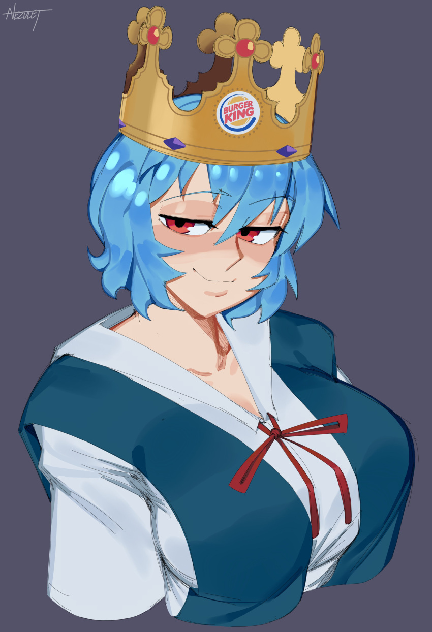 1girl absurdres alternate_breast_size artist_name ayanami_rei blue_hair blue_vest breasts burger_king collared_shirt crown grey_background highres jetblue_racist_burger_king_(meme) large_breasts looking_at_viewer meme neon_genesis_evangelion nezulet red_eyes red_ribbon ribbon school_uniform shirt short_hair signature smile solo tokyo-3_middle_school_uniform upper_body vest white_background