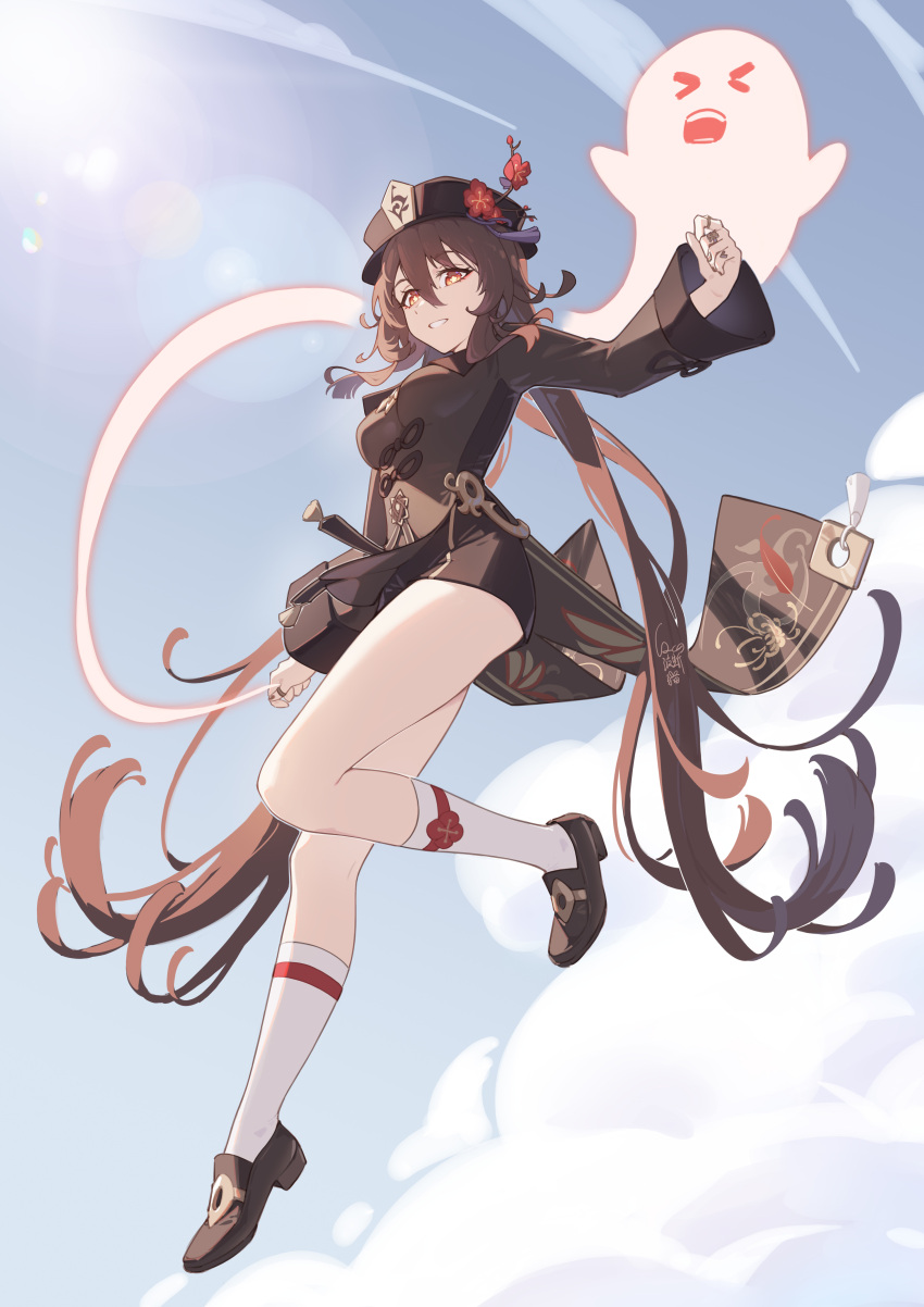 &gt;_&lt; 1girl absurdres arm_at_side bangs bare_legs black_headwear blue_sky boo_tao_(genshin_impact) breasts brown_coat brown_footwear brown_hair brown_shorts clenched_hand coat coattails cqc_no_hashi_neko day floating flower flower-shaped_pupils full_body genshin_impact ghost grin hair_between_eyes hat hat_branch hat_flower hat_tassel highres holding hu_tao_(genshin_impact) jewelry lens_flare long_hair long_sleeves looking_at_viewer medium_breasts multiple_rings outdoors plum_blossoms porkpie_hat red_eyes red_flower ring short_shorts shorts sidelocks sky smile socks solo sunlight symbol-shaped_pupils teeth thighs twintails very_long_hair white_socks wide_sleeves