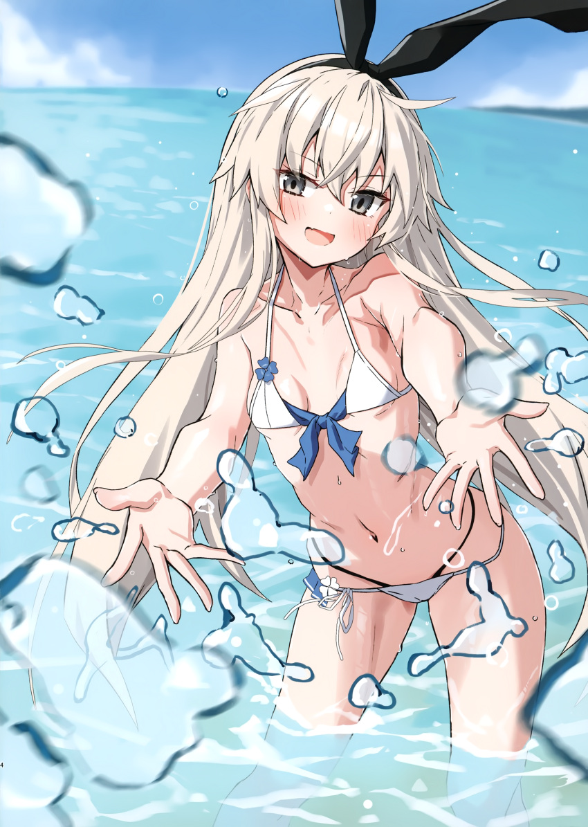 1girl absurdres bangs bare_shoulders bikini blonde_hair blue_sky blush breasts day grey_eyes hair_ornament hairband highres kantai_collection long_hair looking_at_viewer navel ocean open_mouth outdoors scan shimakaze_(kancolle) shiny shiny_skin simple_background sky small_breasts smile solo splashing stomach swimsuit takanashi_kei_(hitsujikan) thighs water water_drop