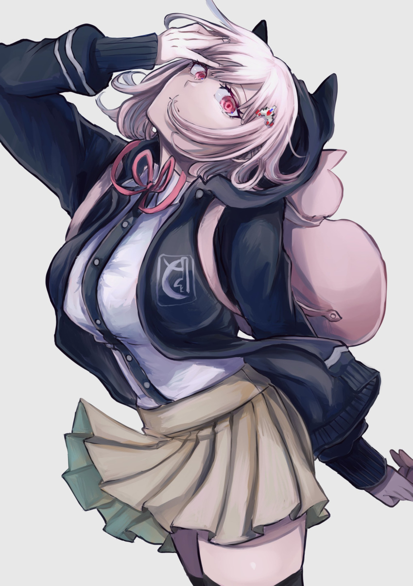 1girl absurdres arm_up backpack bag bangs black_jacket black_shirt black_thighhighs bn2_kounetu breasts brown_skirt closed_mouth collared_shirt commentary_request danganronpa_(series) danganronpa_2:_goodbye_despair dress_shirt galaga hair_ornament highres hood hooded_jacket jacket large_breasts long_sleeves medium_hair miniskirt nanami_chiaki neck_ribbon open_clothes open_jacket pink_bag pink_eyes pink_ribbon pleated_skirt ribbon shiny shiny_hair shirt simple_background skirt solo thighhighs white_background white_shirt zettai_ryouiki