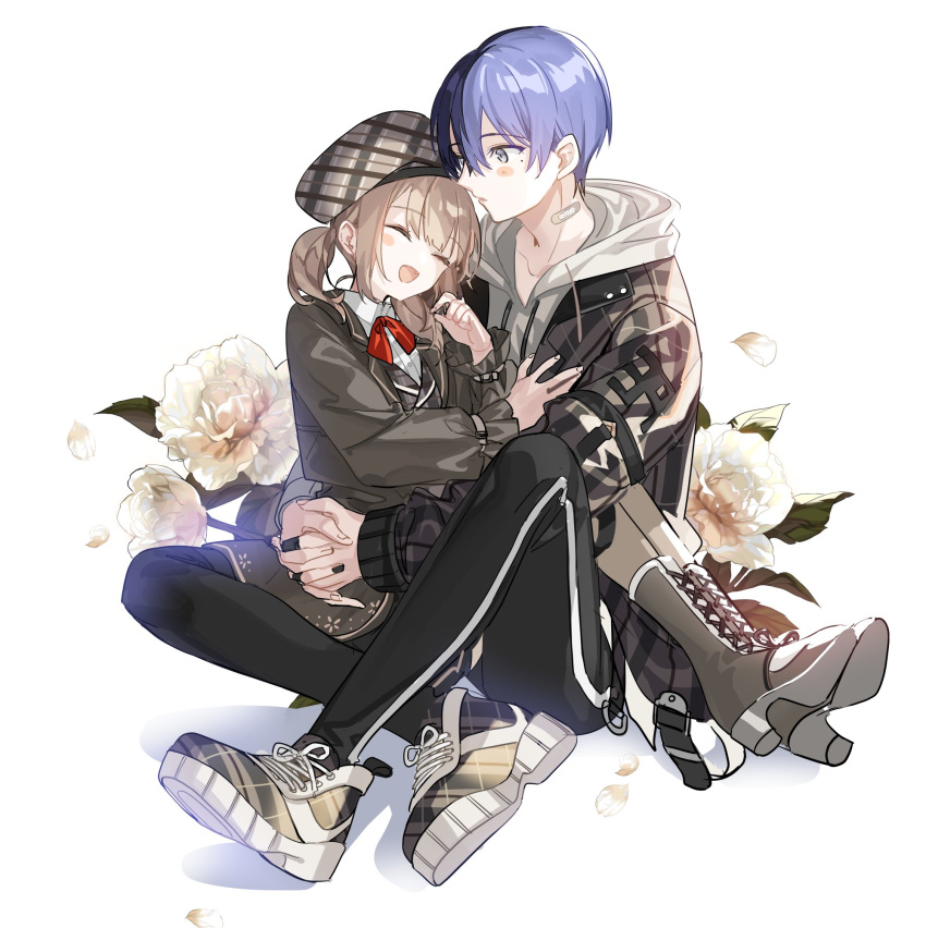 1boy 1girl aoyagi_touya azusawa_kohane bandaid bangs blue_hair boots brown_hair closed_eyes closed_mouth collared_shirt dark_blue_hair drawstring flower grey_eyes hair_between_eyes hand_on_another's_chest hat high_heel_boots high_heels highres hood hood_down hoodie light_blush long_sleeves mole mole_under_eye mona0101 multicolored_hair open_mouth project_sekai red_ribbon ribbon shirt shoelaces short_hair short_twintails smile twintails white_background