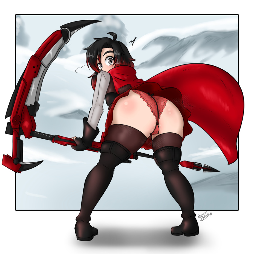 1girl ^^^ absurdres artist_name ass ass_focus bent_over black_hair blush boots cameltoe cape dress fingerless_gloves framed frilled_panties frills from_behind gloves gradient_hair grey_eyes highres holding holding_weapon huge_ass leaning_forward looking_at_viewer multicolored_hair nayaase_beleguii panties red_cape red_panties ruby_rose rwby scythe shiny shiny_skin short_hair signature skirt snow solo surprised thigh_boots thighhighs tree underwear weapon