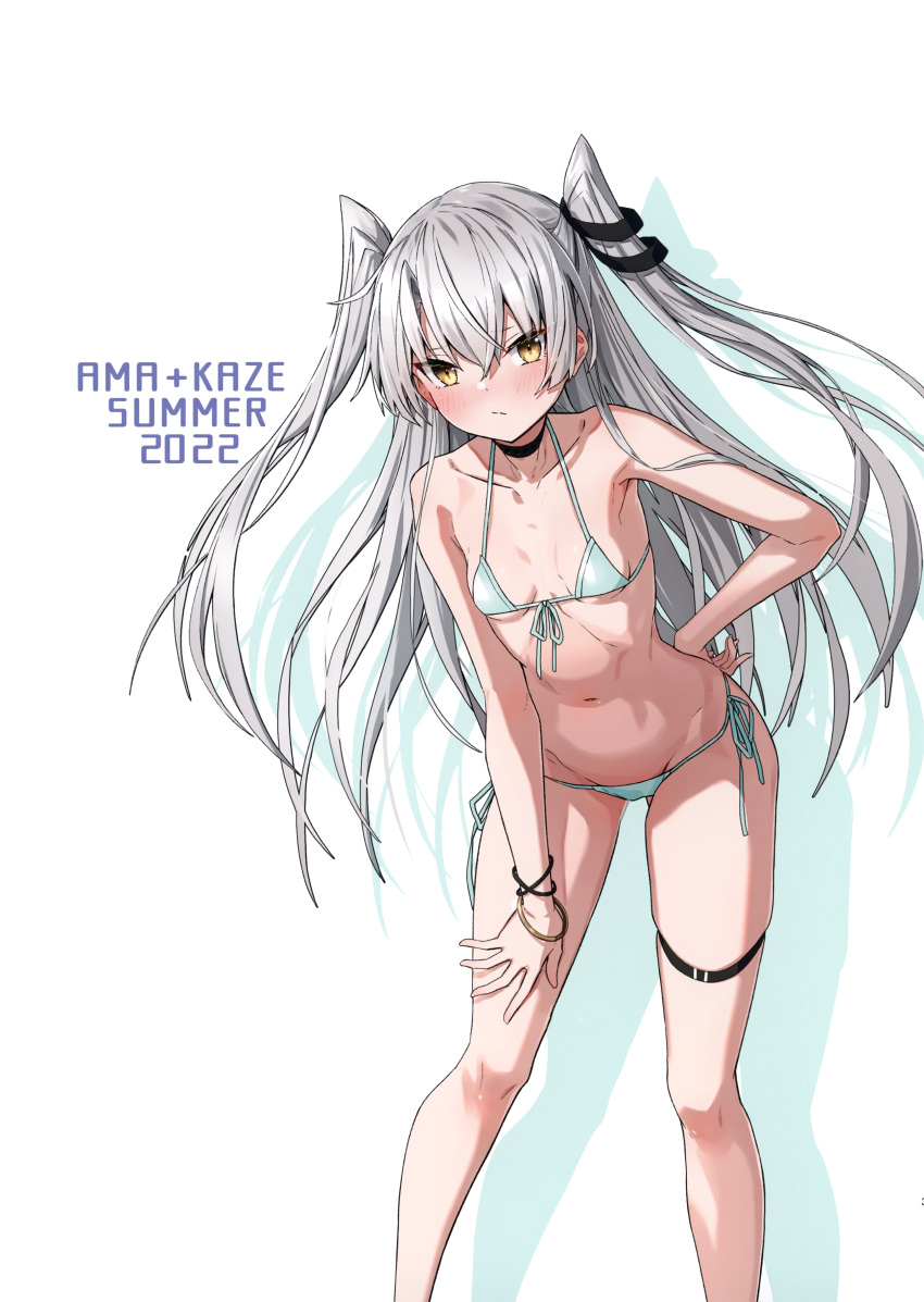 1girl absurdres amatsukaze_(kancolle) bangs bare_shoulders bikini blush bracelet breasts brown_eyes closed_mouth collarbone front-tie_bikini_top front-tie_top grey_hair hair_ornament hand_on_hip highres jewelry kantai_collection leaning_forward long_hair looking_at_viewer navel scan shiny shiny_hair side-tie_bikini_bottom simple_background small_breasts solo stomach swimsuit takanashi_kei_(hitsujikan) thigh_strap white_background