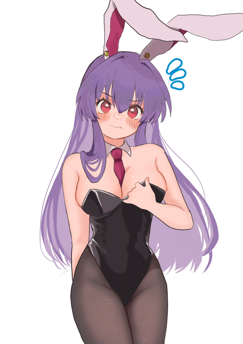 1girl animal_ears black_leotard black_pantyhose blush breasts cleavage closed_mouth cowboy_shot detached_collar flying_sweatdrops hair_between_eyes highres leotard light_purple_hair long_hair looking_at_viewer pantyhose rabbit_ears red_eyes reisen_udongein_inaba simple_background solo strapless strapless_leotard touhou uchisaki_himari white_background