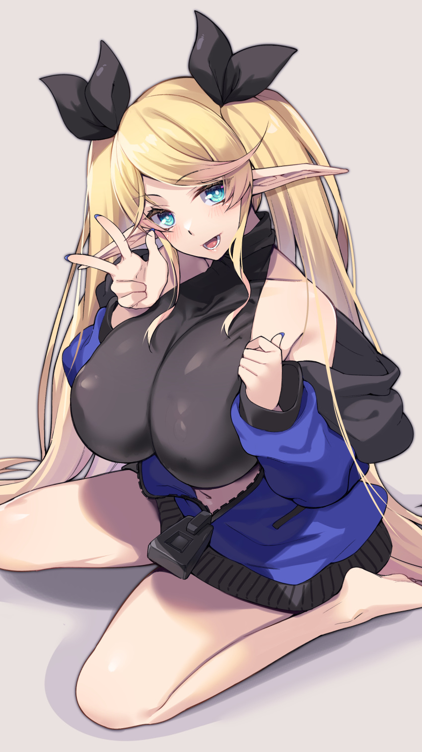 1girl :d absurdres bare_legs barefoot black_bow blonde_hair blue_eyes blue_jacket blue_nails blush bow breasts brll covered_nipples feet fingernails grey_background hair_bow halter_shirt halterneck head_tilt highres huge_breasts indie_virtual_youtuber jacket legs long_hair long_pointy_ears looking_at_viewer nail_polish navel open_clothes open_jacket original pointy_ears puffy_nipples rimaru_(kira_kazuki) shiny shiny_skin simple_background sitting smile soles solo thighs twintails very_long_hair w wariza zipper