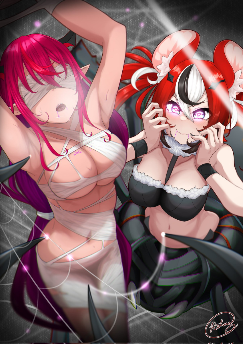 1girl animal_ears arachne arthropod_girl bdsm black_bra black_hair bondage bound bra breasts cleavage closed_mouth covered_eyes drooling english_commentary glowing glowing_eyes hair_ornament hakos_baelz highres hololive hololive_english horns irys_(hololive) long_hair midriff monster_girl monsterification mouse_ears multicolored_hair navel open_mouth pink_eyes red_hair rlus saliva silk smile solo spider_girl spider_web strapless strapless_bra streaked_hair sweat taur twintails underwear very_long_hair virtual_youtuber white_hair wrist_cuffs