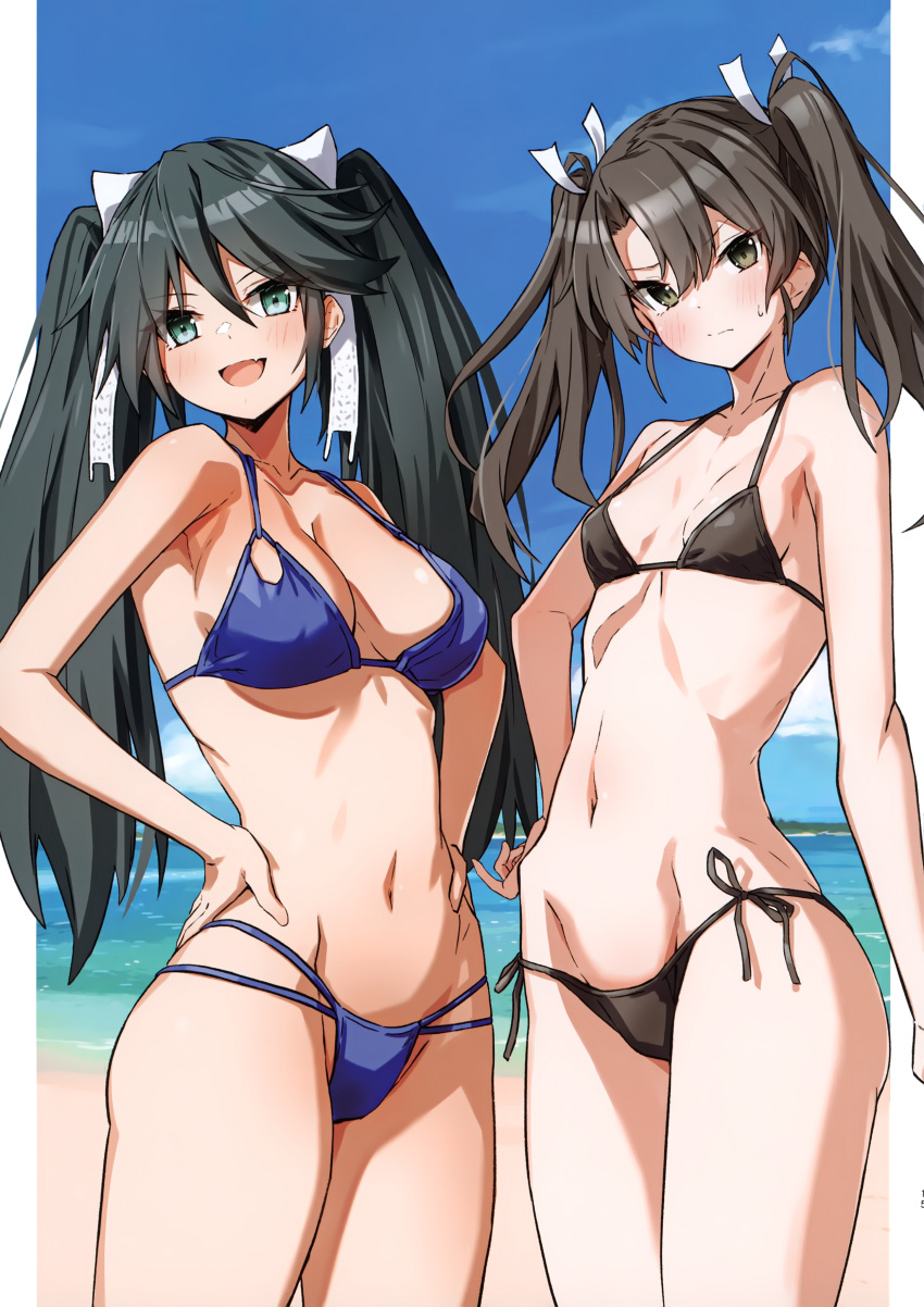 2girls absurdres alternate_costume aqua_eyes bangs bare_arms bare_shoulders beach bikini black_hair blush breasts brown_eyes brown_hair closed_mouth day hand_on_hip hands_on_hips highres isuzu_(kancolle) kantai_collection long_hair looking_at_viewer medium_breasts multiple_girls navel ocean open_mouth outdoors scan serious shiny shiny_hair side-tie_bikini_bottom simple_background small_breasts smile stomach swimsuit takanashi_kei_(hitsujikan) thighs twintails water zuikaku_(kancolle)