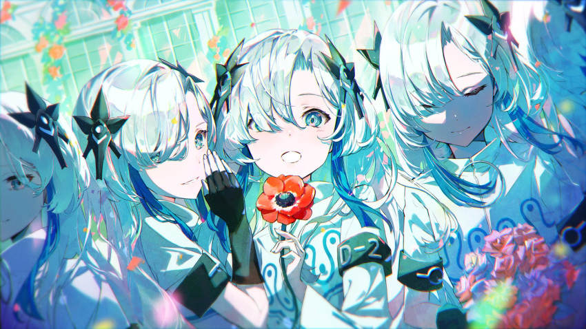 5girls blue_eyes cevio clone closed_eyes closed_mouth commentary_request dot_nose fingerless_gloves flower gloves grey_hair hair_between_eyes hair_ornament hair_over_one_eye hand_up highres holding holding_flower isekai_joucho kamitsubaki_studio long_hair long_sleeves looking_at_viewer multiple_girls open_mouth sakinoji sekai_(cevio) short_sleeves window