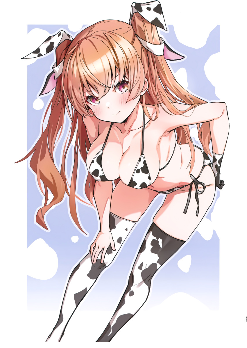 1girl absurdres animal_ears animal_print bangs bare_shoulders bikini breasts brown_hair cleavage closed_mouth collarbone cow_ears cow_print fake_animal_ears gloves hair_ornament hand_on_hip highres johnston_(kancolle) kantai_collection leaning_forward long_hair looking_at_viewer medium_breasts red_eyes scan shiny shiny_hair side-tie_bikini_bottom simple_background single_glove solo swimsuit takanashi_kei_(hitsujikan) thighhighs thighs