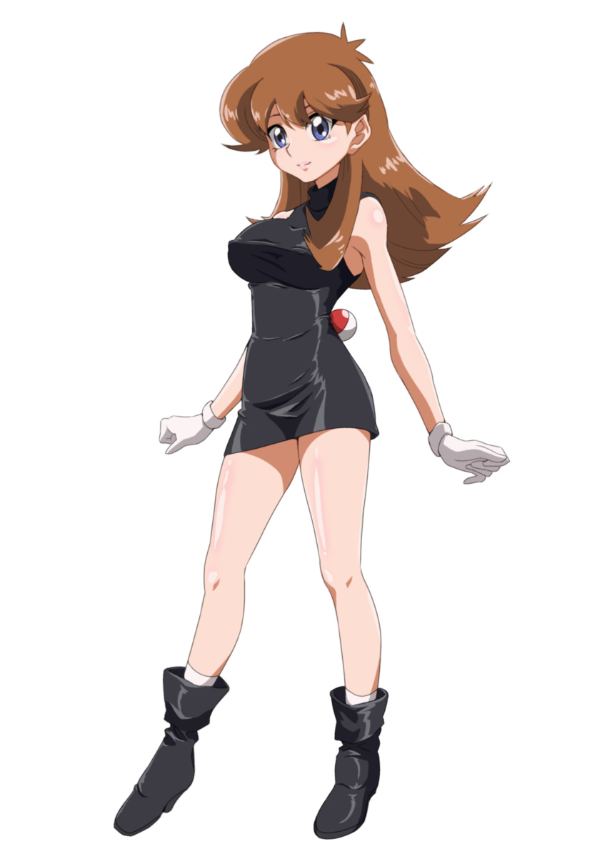 1girl absurdres bangs bare_arms black_dress black_footwear blue_eyes boots breasts brown_hair closed_mouth commentary_request dress full_body gloves green_(pokemon) highres knees long_hair poke_ball poke_ball_(basic) pokemon pokemon_adventures sakura_painter shiny shiny_skin short_dress smile socks transparent_background white_gloves white_socks