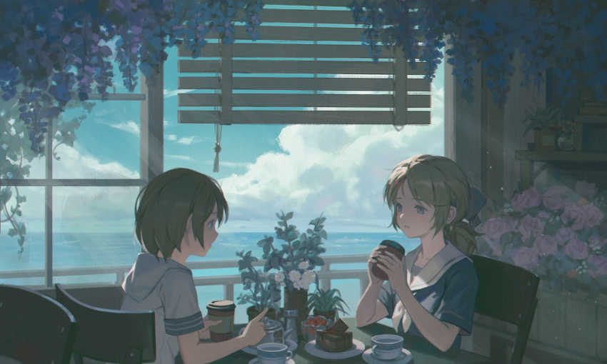 2girls absurdres bangs blinds blue_bow blue_eyes blue_serafuku bob_cut bow cafe cake cake_slice chair cloud cloudy_sky coffee_cup cup disposable_cup flower food fruit green_hair hair_bow highres hyxifeng indoors light_particles low_ponytail medium_hair multiple_girls neckerchief ocean original parted_bangs plant pointing potted_plant sailor_collar scenery school_uniform serafuku short_hair short_sleeves sitting sky sunlight table talking tareme tea white_neckerchief white_sailor_collar white_serafuku window wisteria