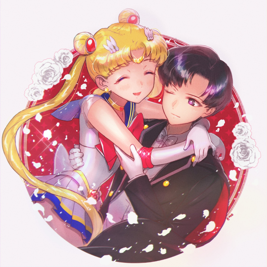 1boy 1girl back_bow bangs bishoujo_senshi_sailor_moon black_eyes black_hair blonde_hair blue_eyes blue_sailor_collar blue_skirt bow bowtie chiba_mamoru choker circlet crescent crescent_earrings double_bun earrings elbow_gloves flower gloves gold_earrings hair_bun hand_on_another's_back heart heart_choker highres hug jewelry long_hair miniskirt multicolored_clothes multicolored_skirt no_mask parted_bangs pleated_skirt red_bow red_bowtie rose sailor_collar sailor_moon shirt short_hair short_sleeves skirt super_sailor_moon tuxedo tuxedo_kamen very_long_hair white_bow white_bowtie white_flower white_gloves white_rose white_shirt yellow_choker yyemoyy