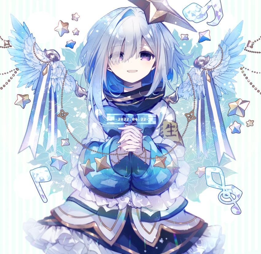 1girl amane_kanata armband bangs black_skirt blue_bow blue_bowtie blue_hair blue_ribbon bow bowtie colored_inner_hair commentary cyawa dated feathered_wings floral_background frilled_skirt frills grey_hair grey_jacket hair_over_one_eye halo highres hololive jacket long_sleeves looking_at_viewer looking_up multicolored_hair musical_note open_mouth own_hands_together praying purple_eyes ribbon short_hair simple_background single_hair_intake skirt sleeve_cuffs sleeves_past_wrists smile solo star_(symbol) star_halo treble_clef virtual_youtuber white_background white_wings wide_sleeves wing_ribbon wings