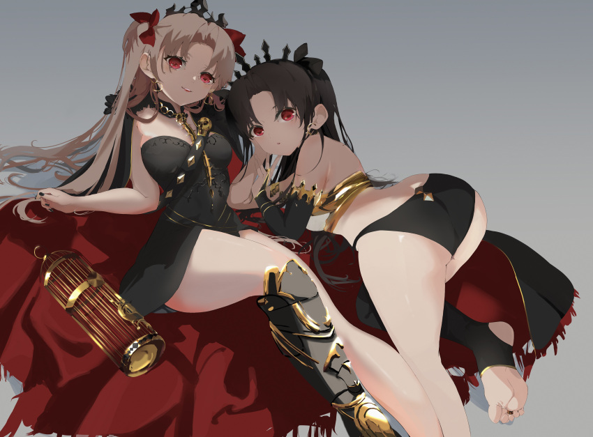 2girls absurdres ass birdcage black_dress black_hair black_nails black_panties blonde_hair bow cage cape crown dress earrings ereshkigal_(fate) fate/grand_order fate_(series) feet feet_out_of_frame foot_out_of_frame gold_trim hair_bow highres ishtar_(fate) jewelry legs long_hair multiple_girls no_shoes panties poka_(kai_ar) red_bow red_cape red_eyes shiny shiny_skin siblings single_thighhigh sisters skull_ornament soles stirrup_legwear thighhighs thighs toe_ring toeless_legwear toes twintails underwear