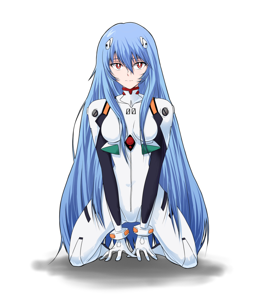 1girl arms_between_legs ayanami_rei bangs blue_hair bodysuit breasts bright_pupils commentary_request evangelion:_3.0+1.0_thrice_upon_a_time full_body hair_between_eyes highres interface_headset long_hair looking_at_viewer medium_breasts neon_genesis_evangelion pilot_suit plugsuit rebuild_of_evangelion red_eyes sasihmi simple_background smile solo white_background white_bodysuit white_pupils