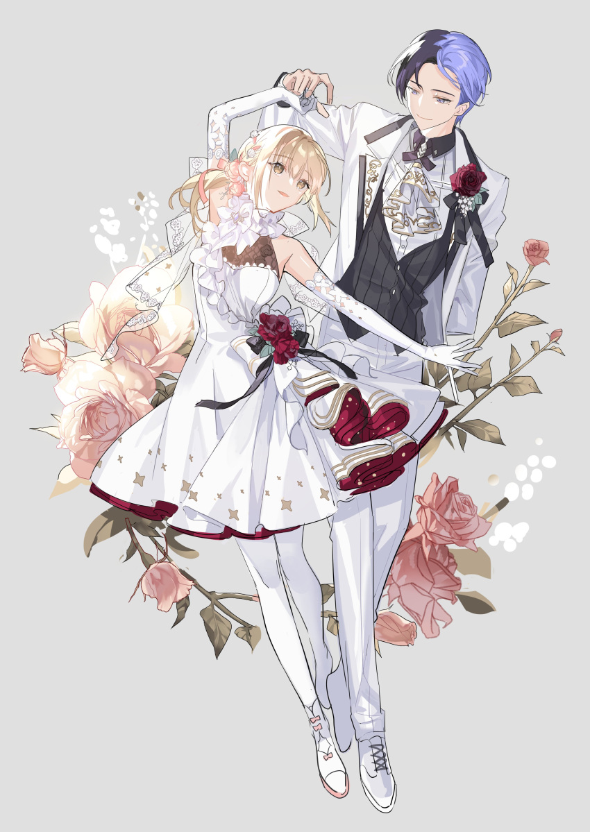 1boy 1girl absurdres aoyagi_touya azusawa_kohane bangs blonde_hair blue_hair closed_mouth collared_shirt dark_blue_hair dress elbow_gloves flower formal frills gloves grey_background grey_eyes hair_between_eyes highres leaf long_sleeves mole mole_under_eye mona0101 multicolored_hair open_mouth outstretched_arm parted_bangs pink_flower project_sekai red_flower shirt short_hair smile suit wedding_dress white_dress white_flower white_gloves white_suit