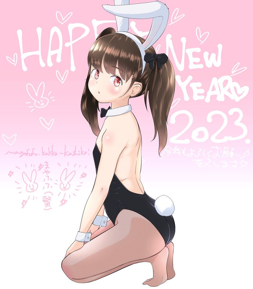 1girl 2023 animal_ears background_text bangs bare_shoulders black_bow black_bowtie black_leotard blush bow bowtie brown_hair brown_pantyhose chinese_zodiac collar commentary_request detached_collar from_side full_body hair_bow hairband happy_birthday highres kneeling leotard long_hair looking_at_viewer looking_to_the_side mayafufu no_shoes original pantyhose parted_lips playboy_bunny profile rabbit_ears rabbit_tail red_eyes soles solo strapless strapless_leotard tail translation_request twintails white_collar white_hairband wrist_cuffs year_of_the_rabbit