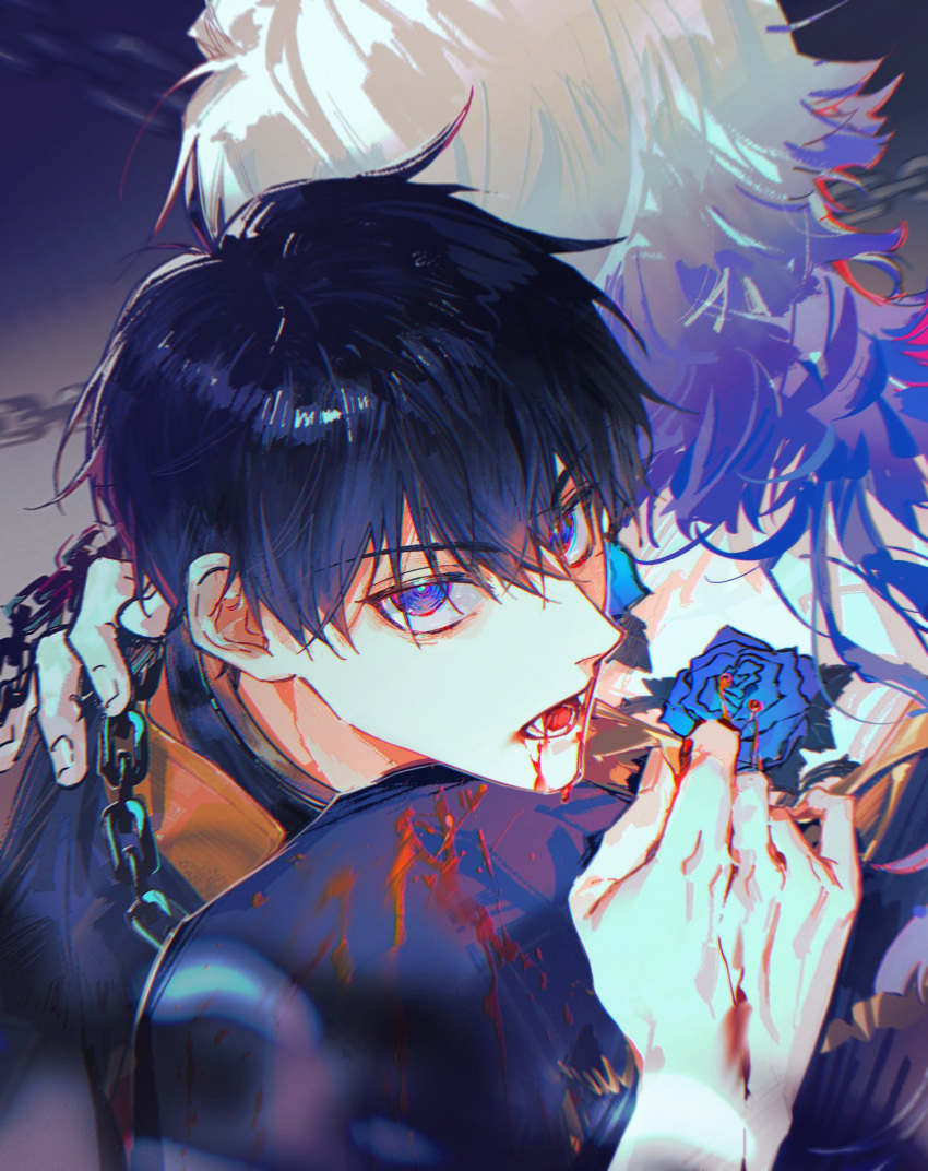 2boys bangs black_hair black_shirt blonde_hair blood blood_from_mouth blood_on_clothes blue_eyes blue_flower blue_hair blue_lock blue_rose chain chimmyming collar commentary_request flower hair_between_eyes hand_on_another's_back highres hug isagi_yoichi looking_at_viewer male_focus metal_collar michael_kaiser multicolored_hair multiple_boys open_mouth rose shirt short_hair two-tone_hair upper_body