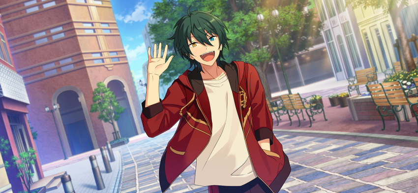 1boy bangs blue_eyes blue_sky building drawstring ensemble_stars! green_hair hair_between_eyes hand_in_pocket happy_elements heterochromia hood hooded_jacket jacket kagehira_mika long_sleeves official_art open_clothes open_jacket open_mouth plant potted_plant shirt short_hair sky smile solo teeth third-party_source tree upper_teeth_only white_shirt wooden_bench yellow_eyes