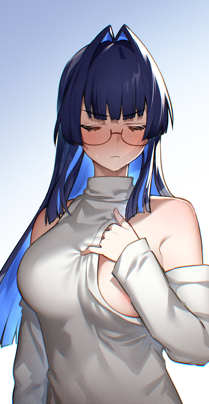 1girl absurdres bangs bare_shoulders bingsardina blue_hair blush breasts closed_eyes colored_inner_hair facing_viewer full-face_blush glasses hair_intakes highres hololive hololive_english large_breasts long_hair long_sleeves multicolored_hair no_bra official_alternate_costume ouro_kronii semi-rimless_eyewear simple_background solo sweater under-rim_eyewear upper_body virtual_youtuber white_background white_sweater