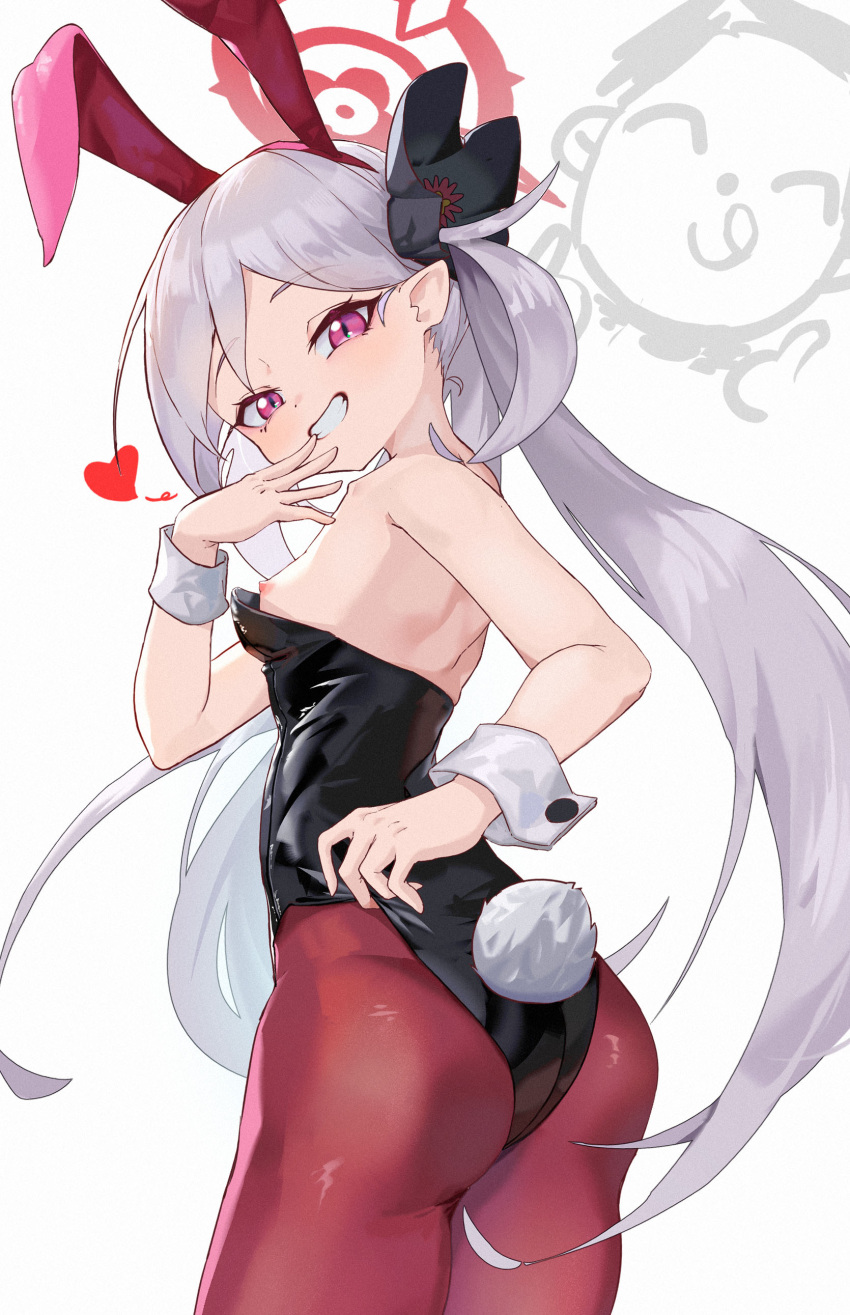 1girl absurdres alternate_costume animal_ears ass black_leotard blue_archive breasts cowboy_shot eason870408 fake_animal_ears fake_tail flower grey_hair grin hair_flower hair_ornament halo heart highres leotard long_hair looking_at_viewer mutsuki_(blue_archive) nipples pantyhose playboy_bunny purple_eyes rabbit_ears rabbit_tail red_pantyhose simple_background slit_pupils small_breasts smile solo tail very_long_hair white_background wrist_cuffs