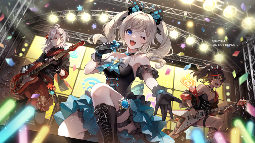1boy 2girls alternate_costume barbara_(genshin_impact) blonde_hair blue_eyes blush boots breasts brown_hair butterfly_hair_ornament choker closed_mouth collarbone commentary concert dress fang fingerless_gloves genshin_impact gloves guitar hair_ornament highres holding holding_instrument holding_microphone instrument kaedehara_kazuha knee_boots kneeling light_particles lights long_hair looking_at_viewer medium_breasts medium_hair microphone multicolored_hair multiple_girls nail_polish one_eye_closed open_mouth outstretched_arm qi2341 red_eyes red_hair small_breasts smile standing thigh_strap thighs twintails vision_(genshin_impact) xinyan_(genshin_impact) yellow_eyes