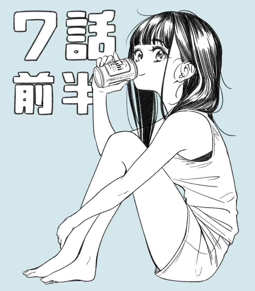 1girl alcohol arm_up armpit_peek asahi_breweries bangs bare_arms bare_legs bare_shoulders barefoot beer_can black_hair blue_background blunt_bangs bra bra_peek can closed_mouth crossed_legs drink drinking eyelashes feet from_side full_body greyscale_with_colored_background hair_behind_ear highres holding holding_can holding_drink hugging_own_legs idol_x_idol_story! knees_to_chest knees_up legs light_blue_background long_hair looking_at_viewer looking_to_the_side nagisa_mimi official_art product_placement shiny shiny_hair short_shorts shorts simple_background sitting sleeveless smile solo tank_top thick_eyebrows thick_eyelashes toes tokunou_shoutarou underwear