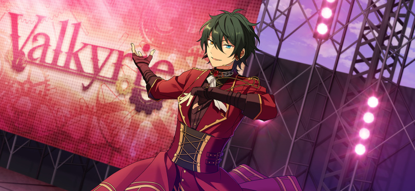 1boy aqua_eyes bangs buttons corset elbow_gloves ensemble_stars! fingerless_gloves gloves green_hair hair_between_eyes happy_elements heterochromia kagehira_mika long_sleeves microphone official_art open_mouth ribbon short_hair solo stage stage_lights third-party_source upper_body white_ribbon yellow_eyes