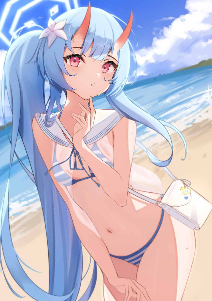 1girl absurdres bag bangs beach bikini blue_archive blue_bikini blue_hair blue_sky breasts chise_(blue_archive) chise_(swimsuit)_(blue_archive) cleavage cloud cowboy_shot day eyelashes flat_chest flower hair_flower hair_ornament halo highres horns kimchizu long_hair looking_at_viewer multicolored_bikini multicolored_clothes navel ocean official_alternate_costume oni_horns original outdoors parted_lips ponytail red_eyes red_horns sand shoulder_bag sidelocks sky solo standing stomach striped striped_bikini swimsuit very_long_hair water
