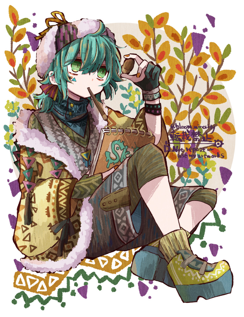 1boy aqua_hair artist_name bloomminority fantasy floral_background flower green_eyes highres low_ponytail male_focus medium_hair nail_polish orange_nails original pencil ponytail shrug_(clothing) solo steampunk twitter_username white_background yellow_flower